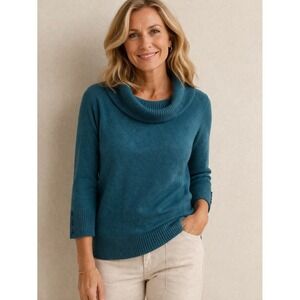 Debbie Morgan Sweater Women's XL Teal Cowl Neck 3/4 Sleeve Button NWT Knit